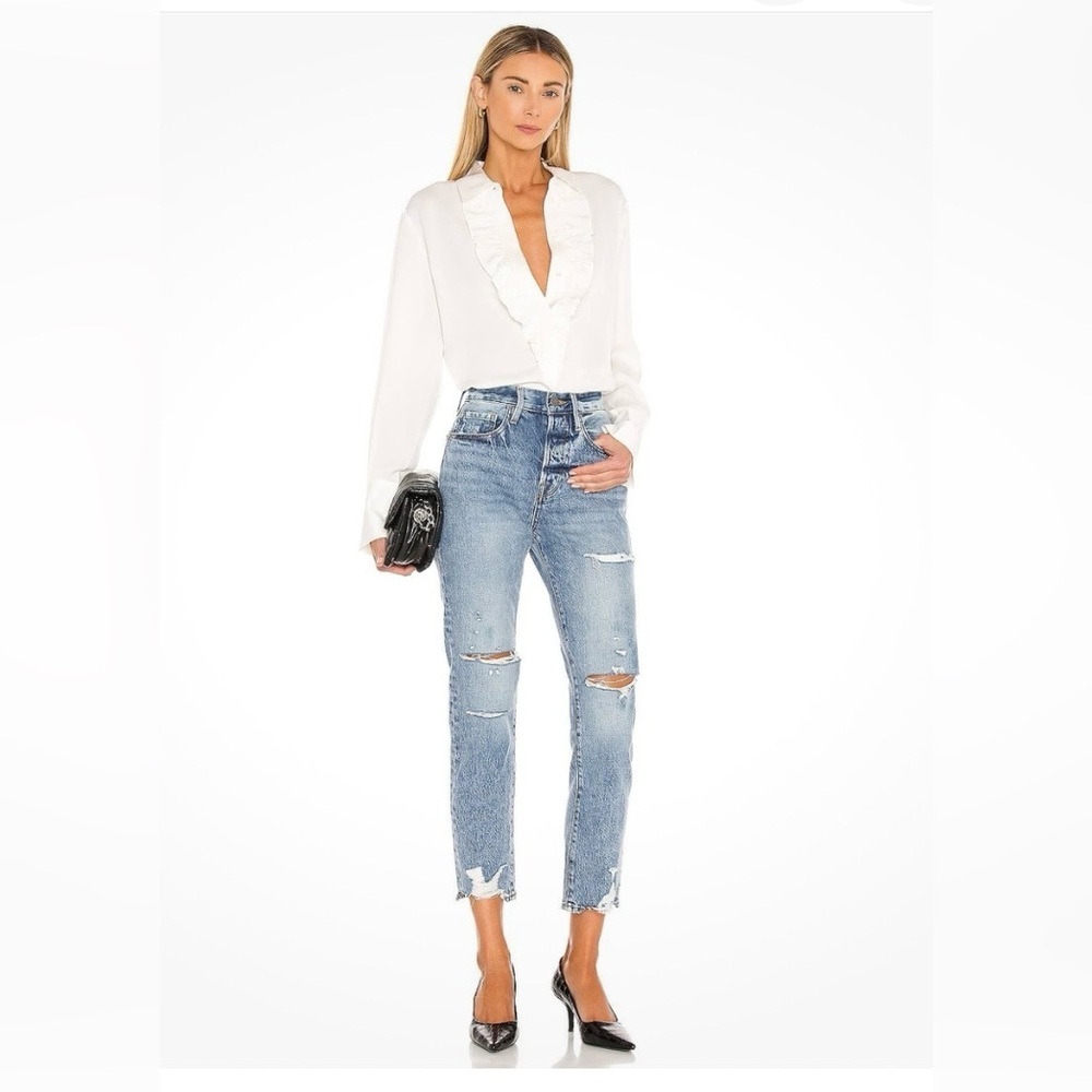 FRAME Le Original Distressed Straight Leg Jeans in Cascade Blue Rips-SZ 24 - Picture 1 of 15